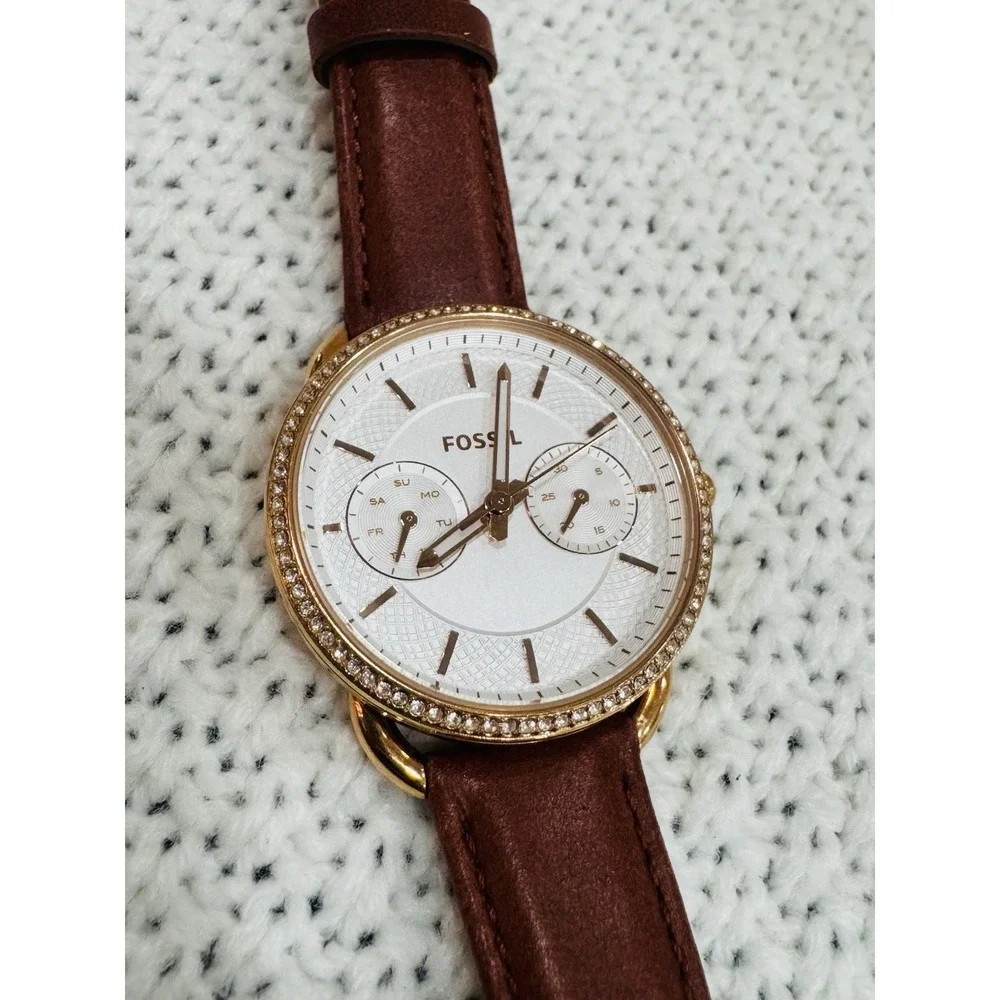 Fossil ES4122 Women's Rose Gold Crystal Bezel Brown Leather Quartz Watch